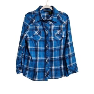 Stillwater Supply Co. Plaid Flannel Pearl Snap Western Blue Women's Sz L